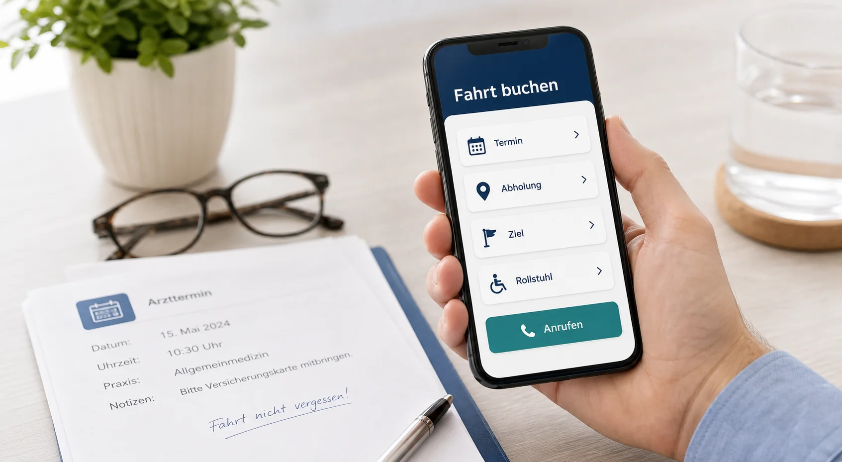 Smartphone mit Buchungsoberfläche für Krankenfahrten