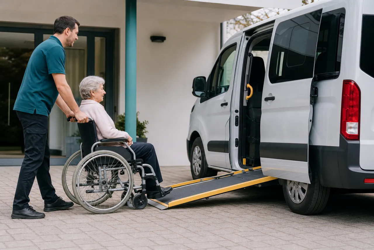 Rollstuhlrampe an einem barrierearmen Fahrdienst-Fahrzeug